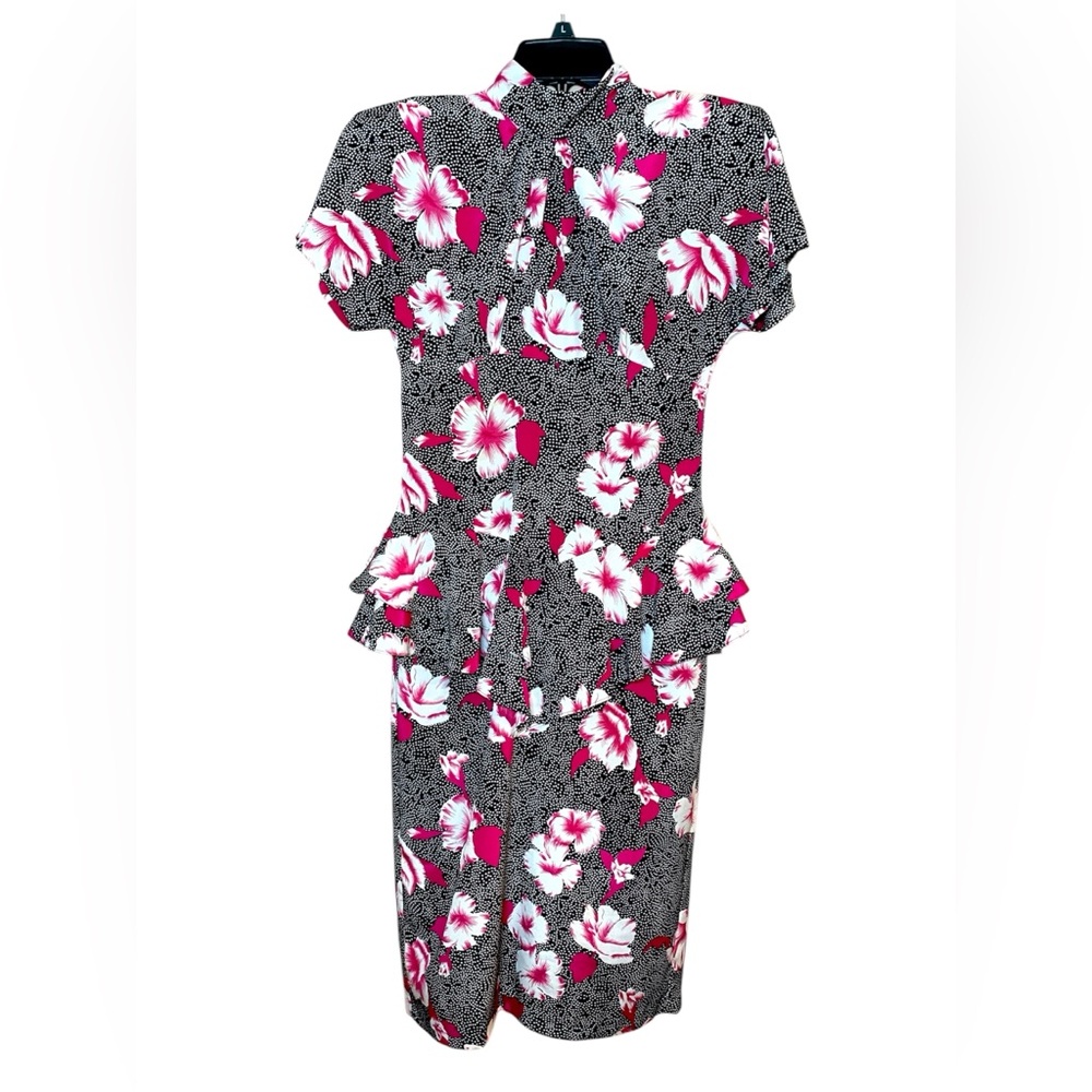 David Benjamin Vintage High Neck Hibiscus Floral Print Midi Shoulder Pad Dress